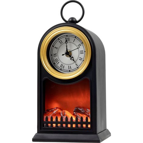 LED Flammen Effekt Kamin mit Uhr - 25 cm - Deko Elektrokamin mit Timer und USB Anschluss