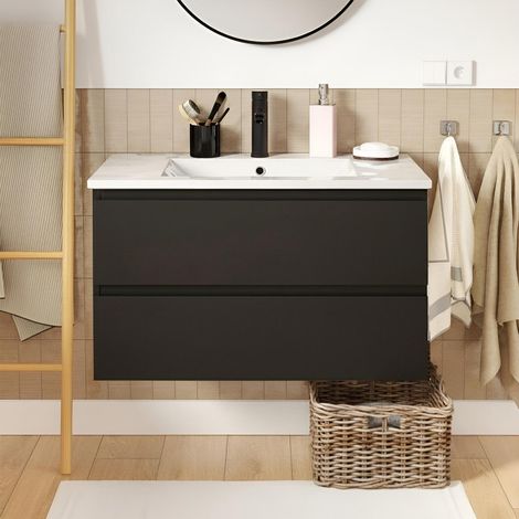Einzelwaschtisch 80 cm, Eichenoptik, mit Waschbecken und Armatur SORRENTO