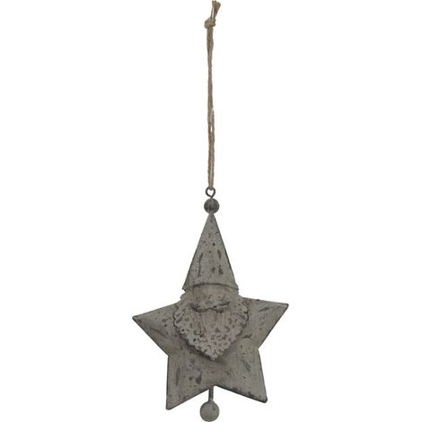 Rustic Hanging Santa Star Bauble - Metal - L2 x W9 x H14 cm - White