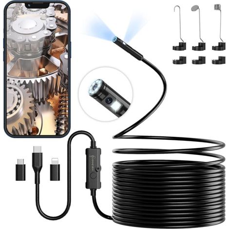 Camera Endoscopique Double Objectif 1920P HD. Camera Inspection Canalisation Étanche IP67 avec 8+1 LED. 5M Câble Semi-Rigide. Compatible Android/iOS. pour Égouts et Tuyaux (1/5)