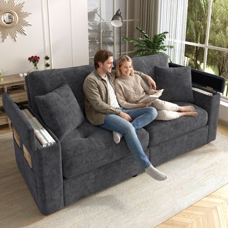 Canapé 2 places design 180 cm gris anthracite, coffre de rangement intégré dans l'accoudoir, tissu chenille moelleux, 2 oreillers ergonomiques, mousse haute résilience pour assise agréable. (1/5)