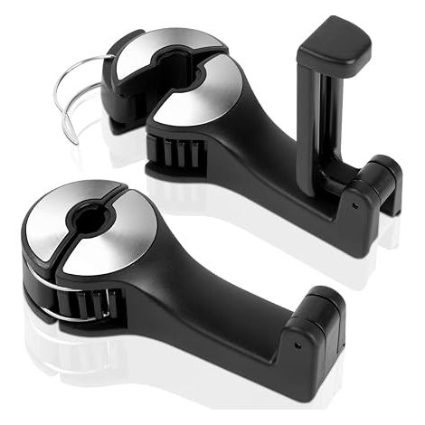 Ganchos para asientos de coche, ganchos para reposacabezas de coche, soportes universales para vehículos con soporte para teléfono móvil, para colgar ropa y bolsos (plateado, 2 unidades) (1/5)
