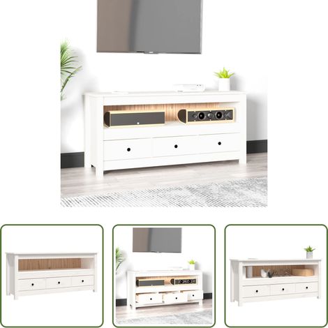 Bois de pin - Meuble TV Blanc 114x35x52 cm Bois de pin massif (1/5)