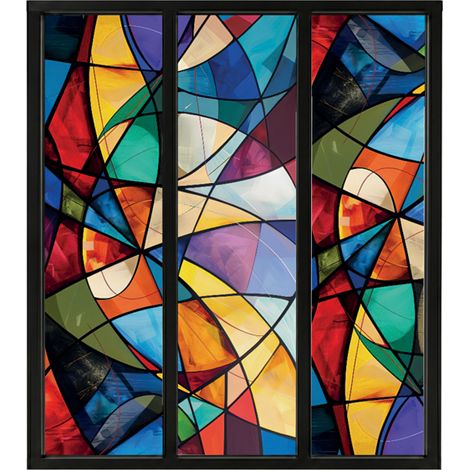 Verrière atelier intérieure aluminium noir 3 vitrages 102 x 117 cm - Décor géométrique - Virtuoso - multicolore et transparent - Verre trempé (1/5)