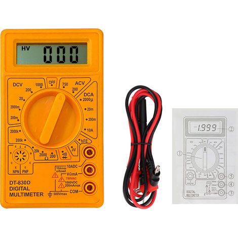 59007 Multimètre Digital électronique Professionnel Portable, Ampèremètre Voltmètre Ohmmètre, Ampère Ohm Volt AC/DC Tension Résistance Diode Transistor hFE, Testeur de continuité, Jaune (1/3)