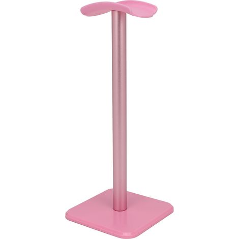 Support casque à angle arrondi avec base anti-dérapant en TPU et barre métallique robuste, idéal pour gaming, bureau ou maison, en rose. (1/5)