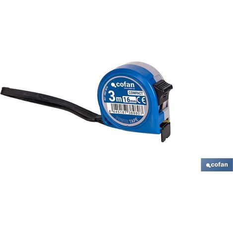 Mètre ruban standard avec bouton de verrouillage et couvercle anti-choc 3 m x 16 mm en ABS et métal