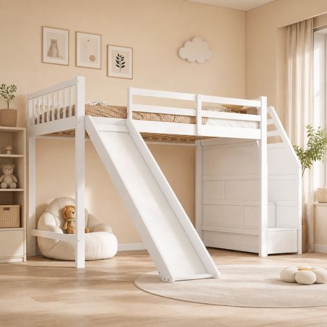 Cama alta infantil 90x200 cm de madera blanca, ahorro de espacio, sin colchón FloraGrace (1/5)