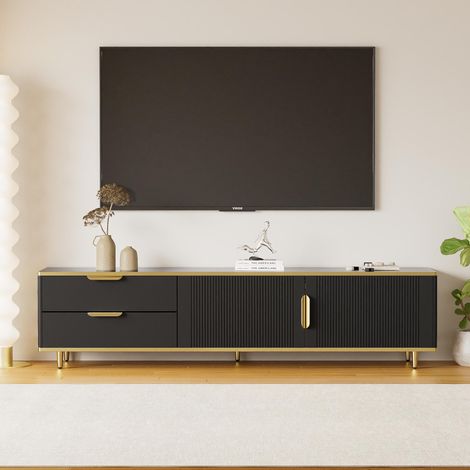 Meuble TV scandinave 175cm - texture de marbre avec 2 tiroirs et 2 portes, plaque basse à texture sculptée, poignées et pieds dorés, 175x40x45cm - Noir (1/5)