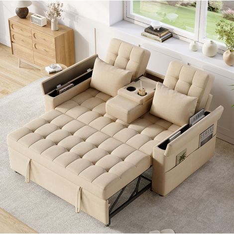 Canapé-lit 159x142.5x92 cm beige en coton et lin avec rangement et dossier réglable (1/5)