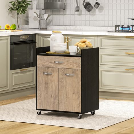 Carrito de cocina con ruedas, cajón, armario de 2 puertas, estante, efecto madera gris, negro (1/5)
