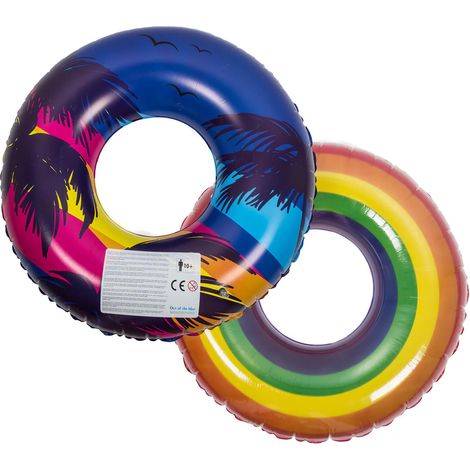 2er Set Schwimmring aufblasbar Pride Regenbogen Retro Palmen 90cm Schwimmreifen Vinyl (1/4)