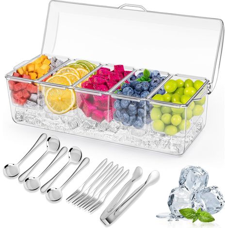 Gewürzschale, herausnehmbarer Zutatenbehälter mit Deckel, gekühlter Behälter, 5 Fächer, 12,7 x 6 x 7,1 cm, eisgekühlter Servierbehälter für Snacks und Frucht-Toppings inkl. (1/5)