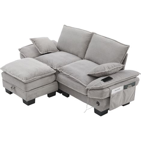 Canapé modulaire 2 places en velours côtelé avec pouf – large assise, design ergonomique, rembourrage en mousse haute densité, port USB-C et poches latérales. Idéal pour le salon, le bureau ou le loun (1/5)