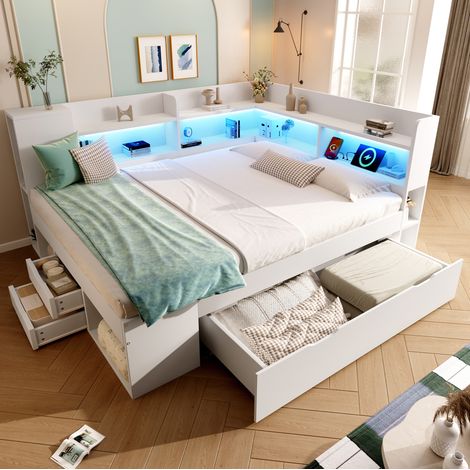 REDOM Tagesbett 223x162x95 cm, mit LED, USB und Typ C, Stauraum mit Regalen und Schubladen, Holz, Weiß (1/5)