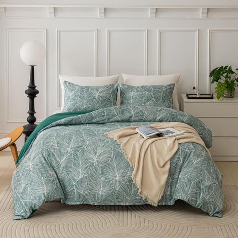 Ensemble de literie 200x200 cm 3 pièces microfibre motif feuilles, vert