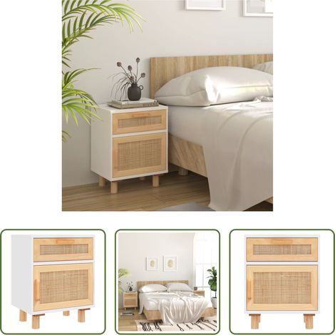 vidaXL Kiefer Nachttisch - Nachttisch Weiß Massivholz Kiefer und Natur-Rattan (1/5)
