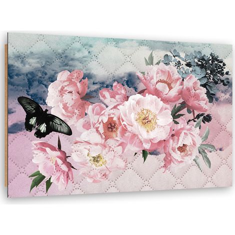 Quadro deco panel, Fiori rosa e una farfalla nera - 60x40 (1/5)