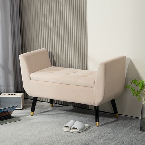 Panca imbottita con vano contenitore, braccioli, poliestere vellutato, legno di caucciù, 107 x 42 x 65 cm, beige