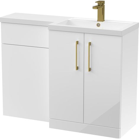 Balterley Right-Hand Bathroom Vanity and WC Unit Combination with Basin - 1100mm - Gloss White with Brushed Brass Handles