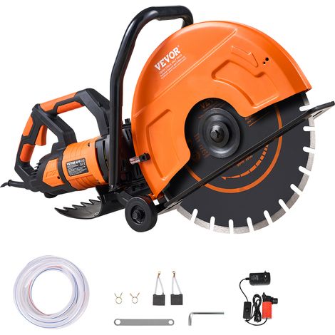 VEVOR Scie a beton electrique, 406 mm, scie circulaire puissance elevee 2800 W profondeur de coupe 152 mm scie a disque humide/sec avec conduite deeau, pompe a eau, lame, pour la pierre et la brique