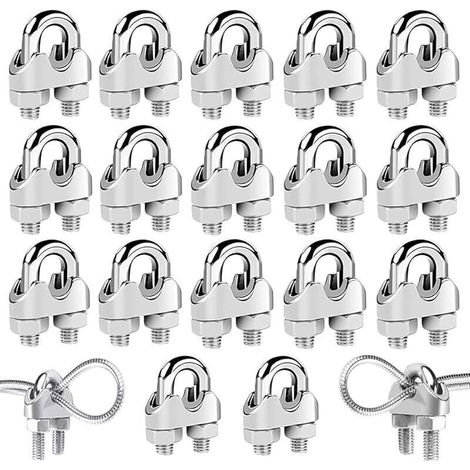 JSSEVN - 18 Pcs Steel Cable Clamps, 304 Stainless Steel U-Bolt Cable Clips, For M3mm/M4mm/M5mm Steel Wire Rope (Three Sizes) (1/4)