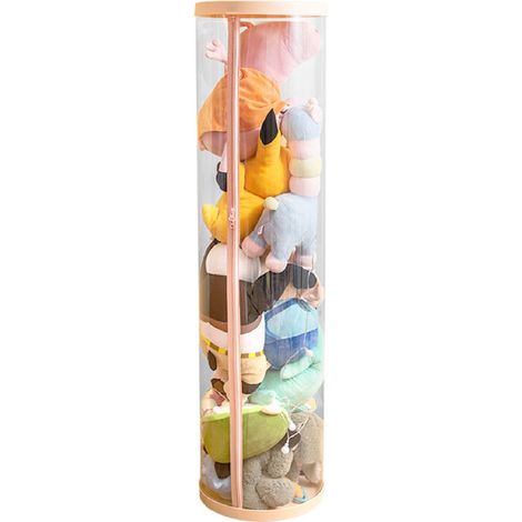 Boîte de rangement ronde transparente pour peluches, rose, avec fermeture éclair. (1/5)