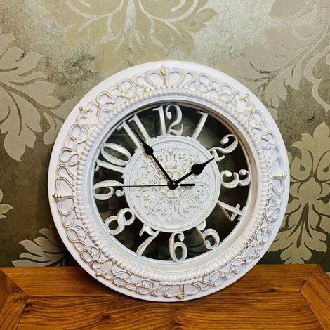 Horloge murale légère de luxe rétro de style européen en bois creux 12 pouces horloge créative silencieuse salon simple--(Blanc)