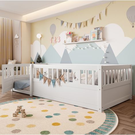MEUBLIV Lit enfant 90x190 cm blanc – barrière de sécurité et décor lune, sans matelas (1/5)