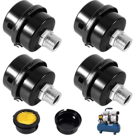 Lot de 4 filtres à air compresseurs, filetage 3/8" 16 mm, silencieux pour compresseur d'air sans huile de rechange (métal noir)
