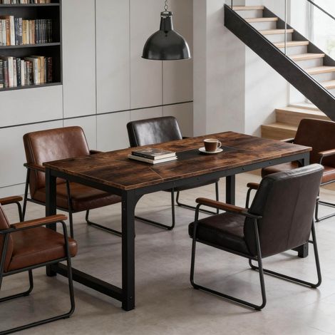 Mesa de comedor 180x90x75 cm negra en metal y madera estilo industrial con patas ajustables (1/5)