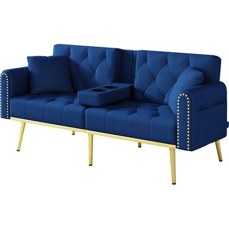 Divano letto doppio in velluto blu con schienale reclinabile a 3 posizioni e portabicchieri (1/5)