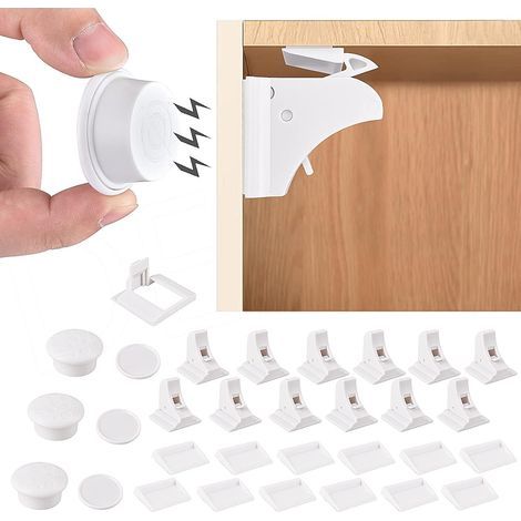 Serrure De Sécurité Magnétique - Invisible Intégrée - Pour Armoires Et Tiroirs - 12 Pièces + 3 Clés + 3 Supports - Blanc (1/5)