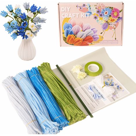 Instructions, tiges de fleurs, étamines, rubans, rubans floraux, fil de fer floral à faire soi-même, cure-pipes, assortiment de couleurs pour muguet, bleu (1/3)