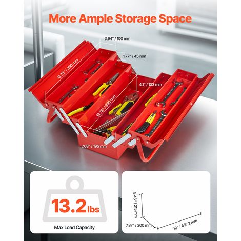 Boîte à Outils Métal 457,2 mm, Caisse à Outils 3 Niveaux, Organisateur Coffre Outils Pliable 4 Plateaux, Couvercle Rabattable, Poignée, Trou de Verrouillage, pour Atelier Réparation Usine Maison (1/5)