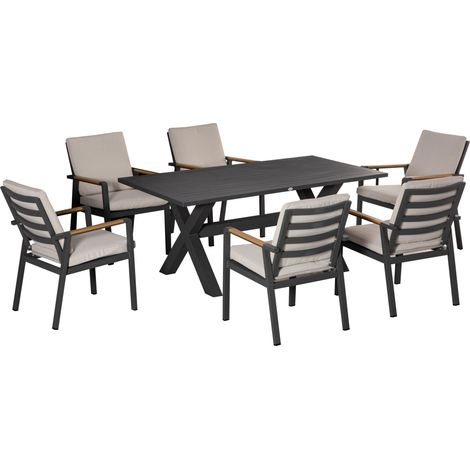 Set de jardin pour 6 personnes, 6 chaises, 1 table, résistant aux intempéries, 175 cm x 92 cm x 73 cm, noir et gris (1/5)