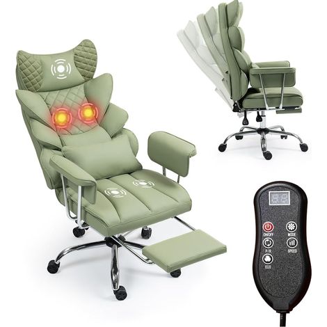 Fauteuil de bureau vert en simili-cuir avec fonction massage et repose-pieds, dimensions 76 × 60 × 32 cm, chaise de bureau inclinable pivotante (1/2)