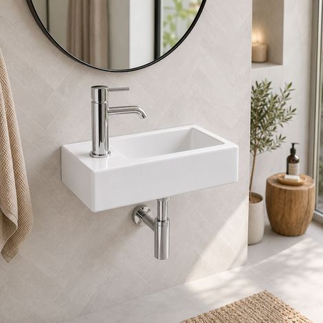 Relaxdays Lavabo squadrato, HLP: 10 x 37 x 18 cm, foro rubinetto, senza troppopieno, ceramica, sospeso, bianco (1/5)