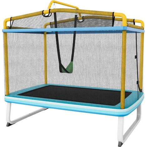 Rechteckiges 3 in 1 trampolin fur kinder 190 x 124 cm groes freizeittrampolin mit netz blau gelb