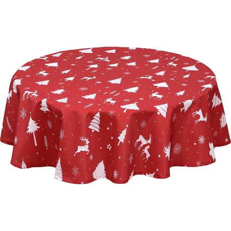 Tablecloth - Printed Waterproof Oxford - White Round 60", Deer & Tree - for Dining Table, Kitchen, Party (1/5)