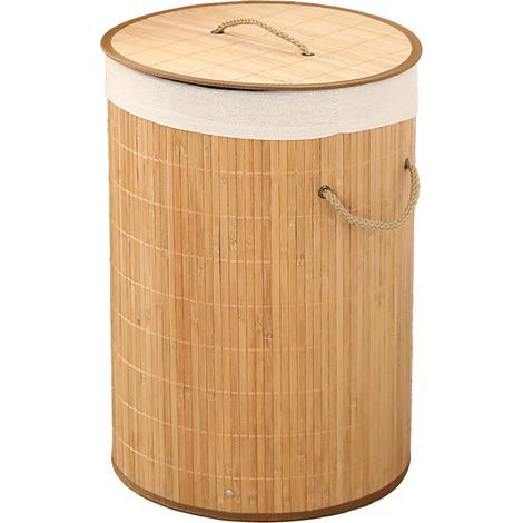 Faltbarer Wäschekorb aus Bambusholz, faltbarer Wäschekorb mit Deckel, integriertem Futter, Aufbewahrungskorb für Schmutzwäsche (1,0 rund, Originalfarbe). (1/5)