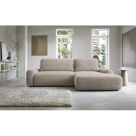 Emporius Canapé d'angle convertible Cantara 260 cm, velours côtelé, coffre de rangement - droite, brun clair (1/5)