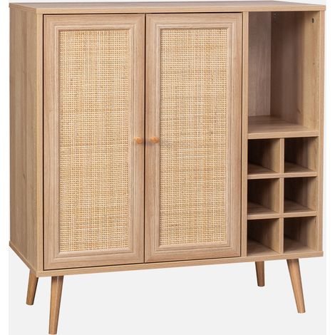 Credenza con portabottiglie, decorazione in vimini e legno, 83cm (1/5)