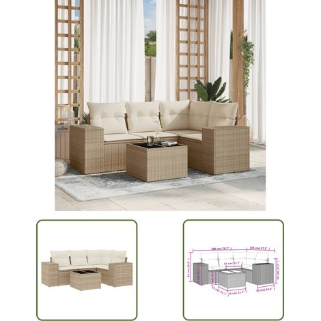 The Living Store 5-tlg. Garten-Sofagarnitur mit Kissen Beige Poly Rattan - Gartenmöbel Set - PE-Rattan Möbel - Outdoor Lounge - Esstisch - Sofasatz (1/3)