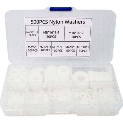 500 pièces rondelle plate en nylon, XU, Rondelle plate isolée joint rond joint d'étanchéité kit d'assortiment de tuyaux-M2/M2.5/M3/M4/M5/M6/M8/M10 (B-Blanc) - KZQ (1/4)