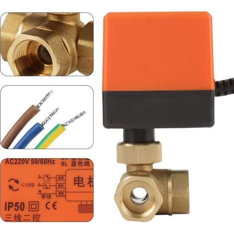 Vanne à bille motorisée en laiton de tension AC220v, vanne à bille motorisée à 3 voies, port G1 / 2 pour réguler l'automatisation de bâtiment de bobine de ventilateur de s (1/5)