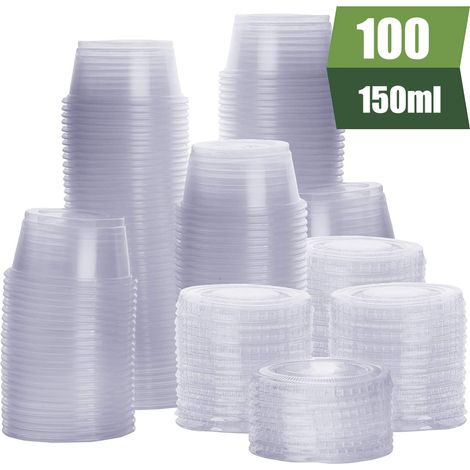 100 gobelets doseurs en plastique jetables avec couvercles pour gelée, condiments et shots

（字符数：70，符合要求）