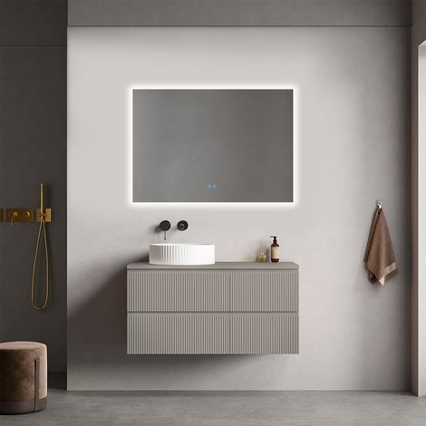Mobile bagno sospeso cannettato reversibile 100 cm Grigio Cenere per Lavabo d'appoggio Specchio Quadro Retroilluminato - Fiji Paint Top Canneté (1/4)