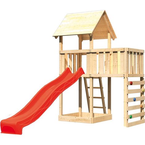 Akubi Lotti Satteldach natur Rutsche rot+ABP+Kletterwand