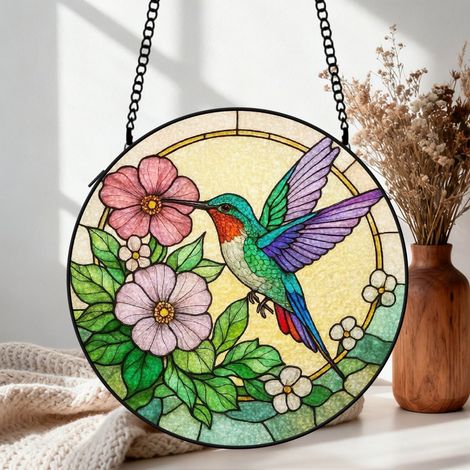 Attrape-soleil vitrail colibri 15 cm décoration suspendue fenêtre lumineuse cadeau Noël (1/5)